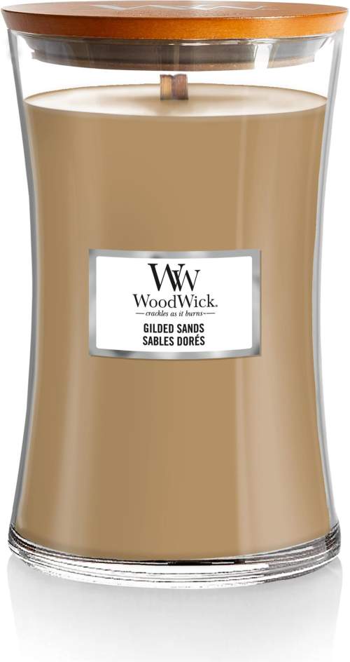 WoodWick Vonná svíčka WoodWick – Gilded Sands 609 g, hnědá barva, sklo, dřevo, vosk
