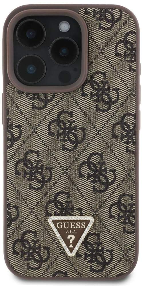 Guess PU 4G Strass Triangle Metal Logo Zadní Kryt + Crossbody Popruh pro iPhone 16 Pro Max Brown