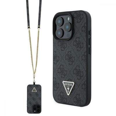 Guess Ochranný kryt s crossbody popruhem na iPhone 16 Pro - Guess, 4G Strass Triangle Metal Logo Black GUHCP16LP4TDSCPK
