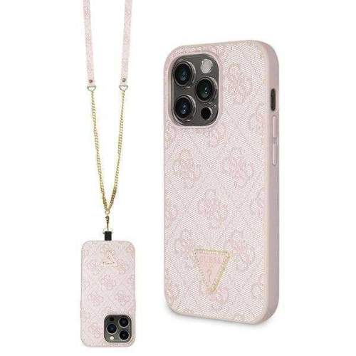 Guess PU 4G Strass Triangle Metal Logo Zadní Kryt + Crossbody Popruh pro iPhone 15 Pro Růžový