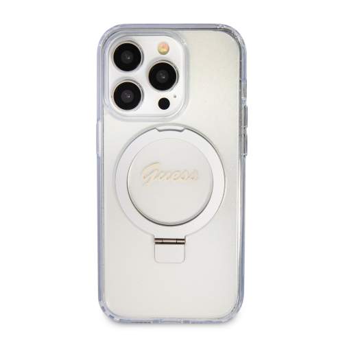Guess hard silikonový obal iPhone 15 PRO 6.1" transparent Ring Stand Script Glitter MagSafe