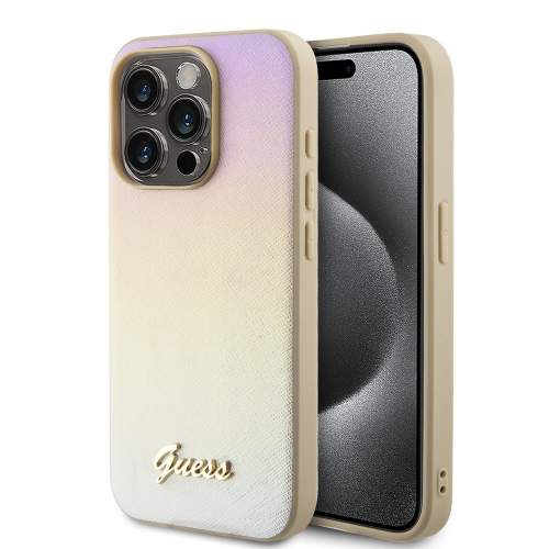 Guess PU Leather Iridescent Metal Script kožený Kryt pro iPhone 15 Pro Barva: Zlatá