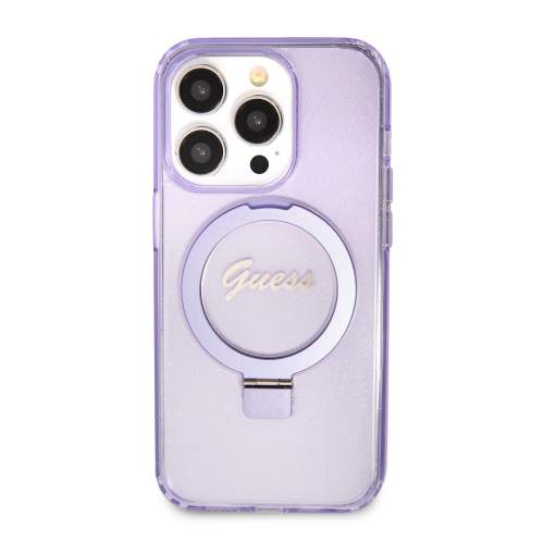 Guess hard silikonové pouzdro iPhone 15 PRO 6.1" purple Ring Stand Script Glitter MagSafe
