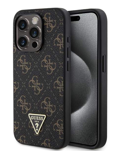 Guess PU Leather 4G Triangle Metal Logo kožený Kryt pro iPhone 15 Pro Barva: Černá