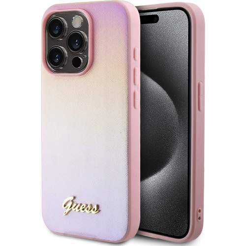 Guess PU Leather Iridescent Metal Script kožený Kryt pro iPhone 15 Pro Max Barva: Růžová