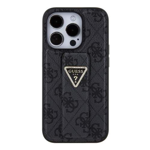 Zadný kryt Guess PU Grip Stand 4G Strass Triangle Metal Logo pre iPhone 15 Pro Max, čierna