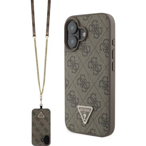 Guess PU 4G Strass Triangle Metal Logo Zadní Kryt + Crossbody Popruh pro iPhone 16 Barva: Hnědá