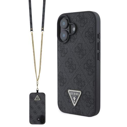 Zadní kryt Guess PU 4G Strass Triangle Metal Logo + Crossbody popruh pro Apple iPhone 16, černá
