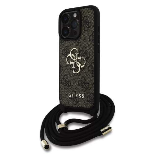 Guess PU 4G Metal Logo Crossbody popruh kryt iPhone 16 Pro hnědý