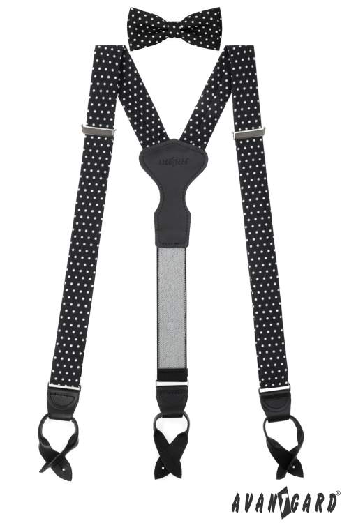 Avantgard Set Látkové šle Y s koženým středem a poutky - 35 mm, motýlek a kapesníček 885-197723 Černá s bílými puntíky, černá kůže