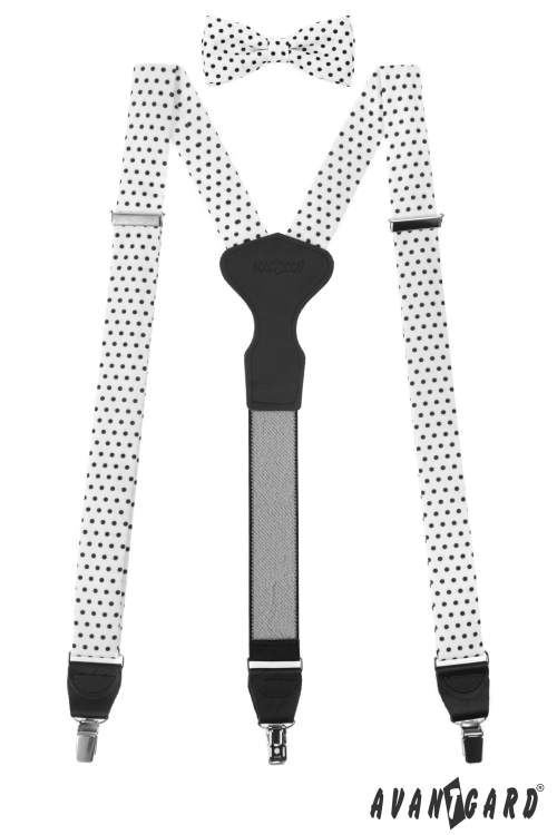 Avantgard Set Látkové šle Y s koženým středem a zapínáním na klipy 35 mm motýlek a kapesníček 881-197623 Bílá s černými puntíky černá kůže