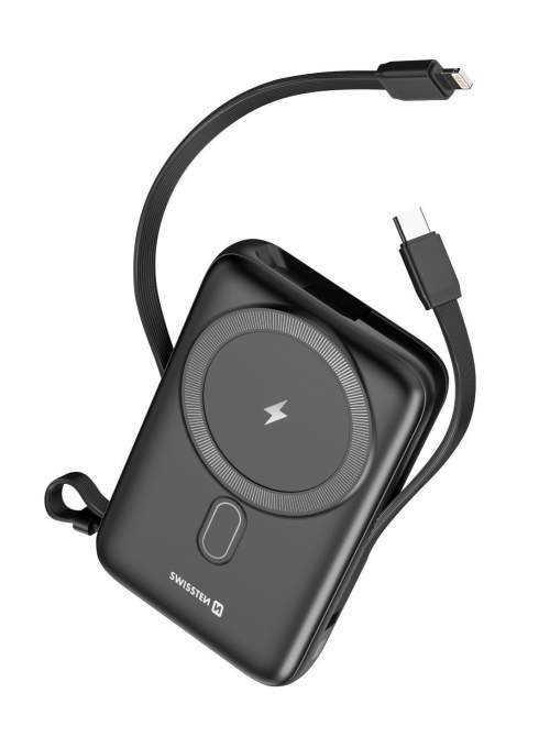 SWISSTEN POWER BANK 10000 mAh PD 20W s integrovanými kabely USB-C a Lightning (kompatibilní s MagSafe)