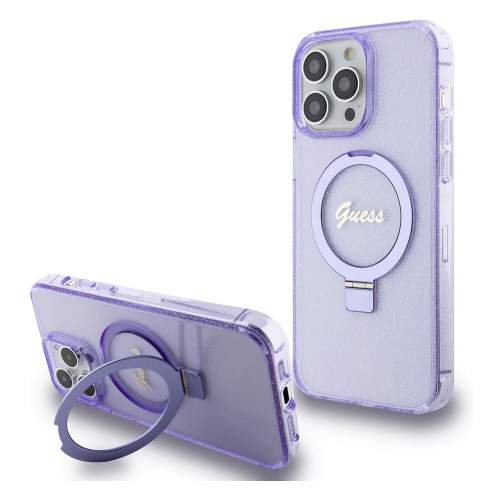 Zadní kryt Guess IML Ring Stand Glitter MagSafe pro Apple iPhone 15 Pro Max, nachová