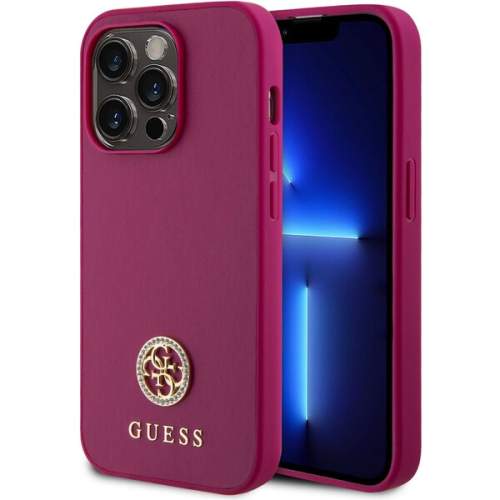 Guess PU 4G Strass Metal Logo Zadní Kryt pro iPhone 15 Pro Pink