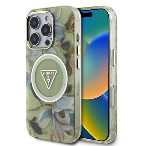 Guess IML Glitter Magnolia and Triangle Logo MagSafe kryt iPhone 16 Pro Max zelený