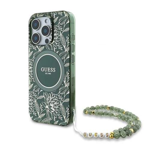 Guess GUHMP16LHCPOFPA Apple iPhone 16 Pro hardcase IML Flowers Allover Electro With Pearl Strap MagSafe green